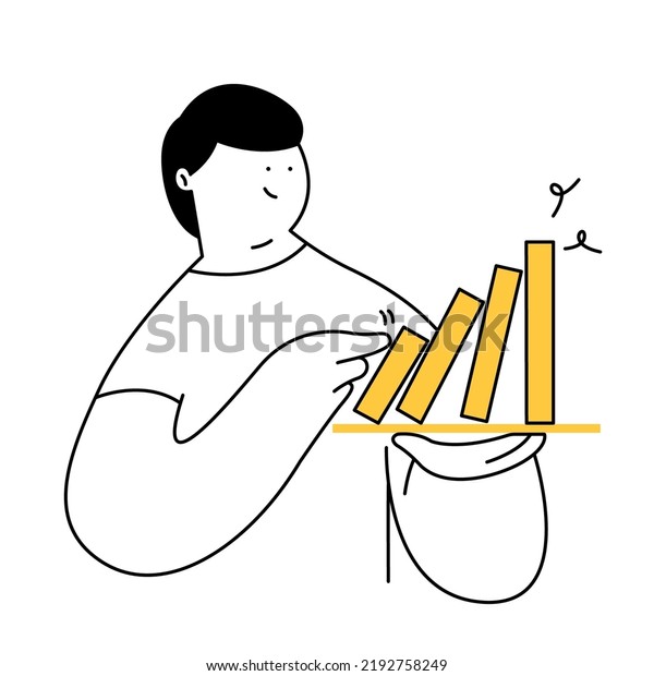 A cute cartoon man hand pushing dominoes, pushing\
dominoes. male hand placing domino pieces. Thin line vector\
illustration on white
