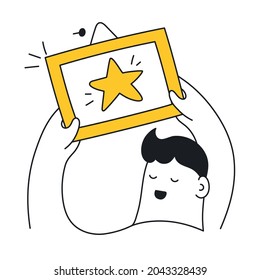 A cute cartoon man hangs a frame with an award on the wall. Pride, well-deserved award, certificate, or honors degree concept. Thin line yellow vector illustration on white.