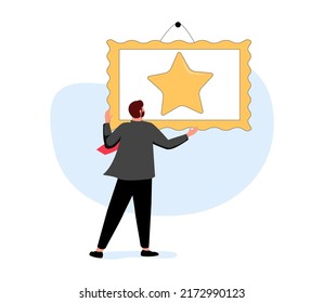 A Cute Cartoon Man Hangs A Frame With An Award On The Wall. Pride, Well-deserved Award, Certificate, Or Honors Degree Concept. Thin Line Yellow Vector Illustration On White. Business Success.