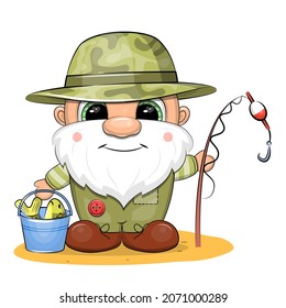 Cute cartoon man in the hat holds a fishing rod and a bucket with fish. Vector illustration on white.