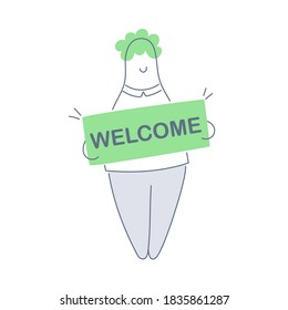 Cute cartoon man holding a banner with a welcome word. Invite, holiday, greeting concept. Flat line vector illustration on white