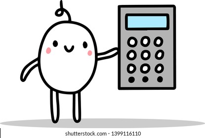 Cute cartoon man holding big calculator.  Hand drawn illustration. Vector minimalism style