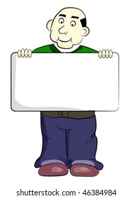 Cute cartoon man holding blank sign