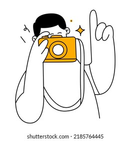 A cute cartoon man holding a camera and giving a hand signal, taking picture, Photographers or paparazzi with digital cameras. Thin line vector illustration on white