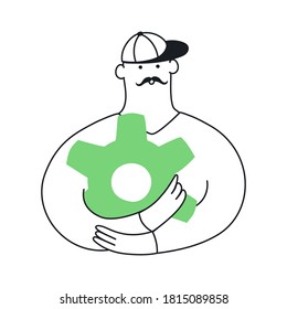 Cute cartoon man holding a cogwheel, gear. Settings, customization, installation, mechanics, technical service or support, maintenance and development. Flat line isolated clean vector illustration