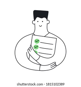 Un hombre de dibujos animados se aferra a hacer una lista con marcas de verificación verdes. Gestión, nota, notas, planificación y control de listas de tareas, examen, trabajo completado. Ilustración vectorial aislada de línea plana en blanco