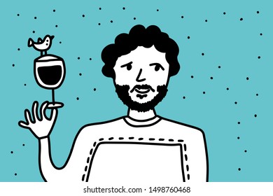 Cute cartoon man holding glass of wine comic style on turquoise background bird