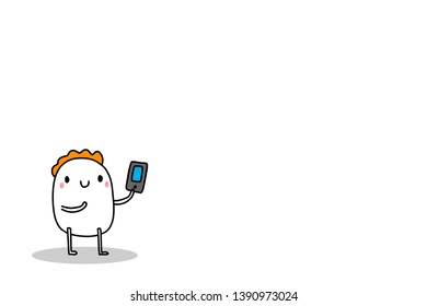 Cute cartoon man holding smartphone hand drawn illustration for banner brochure poster print minimalism vector style