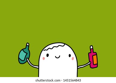 Cute cartoon man holding two bottles of wine. Minimalism lettering