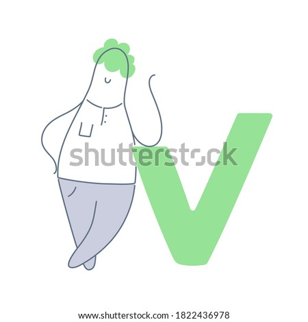 Cute cartoon man leaned on a tick or check mark. Ok, all the work is done, approval, the completed task or closed list concept. Flat line green vector illustration.