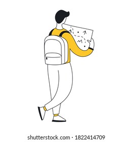 Cute cartoon man with a map and backpack. Travel, research, discovery, navigation and seeking a way out concept. Flat line vector icon illustration.