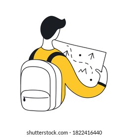 Cute cartoon man with a map and backpack. Hiking, travel, research, discovery, navigation and finding a way out concept. Flat line vector icon illustration.