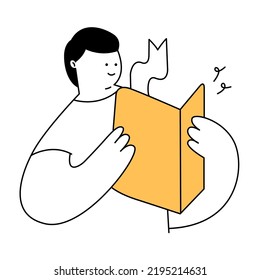 A cute cartoon man reading book,holding open book.Thin line vector illustration on white