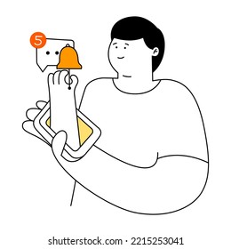 Cute cartoon man received a message notification, chat on the phone. Notification bell icon. Thin line vector illustration on white