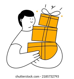 A Cute Cartoon Man Received Present With Love, Holding A Pile Of Presents In The Boxes, Surprised. Thin Line Vector Illustration On White