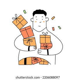 cute cartoon man received present with love, holding a pile of presents in the boxes, Surprised.  Sale, shopping concept. Collection for Birthday, Christmas. Thin line vector illustration on white