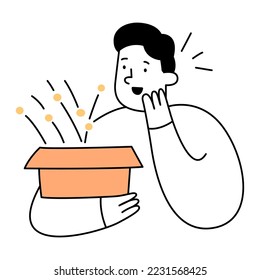 Cute cartoon man received present with love, holding a pile of presents in the boxes, Surprise. christmas box open. Thin line vector illustration on white