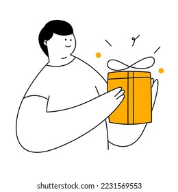 Cute cartoon man received present with love, holding a pile of presents in the box, Surprise. christmas box open. Thin line vector illustration on white