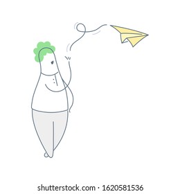 Cute cartoon man sending paper plane. Sharing of information, news, newsletter, advertising or just dreaming. Thin line vector icon illustration on white.