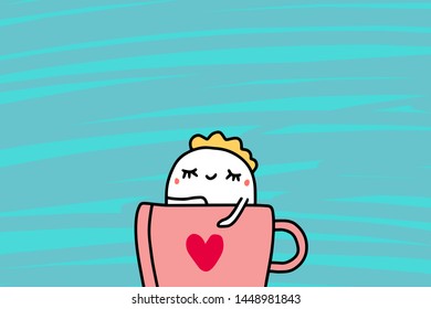 Cute cartoon man sitting in big cup of hot coffee hand drawn vector illustration on textured blue background heart symbol