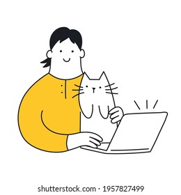 A cute cartoon man is sitting in front of the laptop with a funny kitten. Freelance, teamwork, work with a partner, cute cozy homework place. Thin line elegant vector illustration on white background.