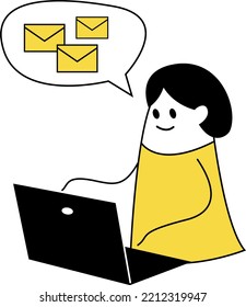 Un lindo caricaturista está sentado frente a una laptop y leyendo correos electrónicos. Vector de línea plana sobre fondo blanco.