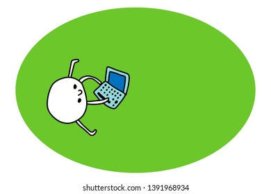 Cute cartoon man sitting on a grass. Freelance job with notebook. Everywhere. Minimalism vector style