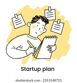 Cute Cartoon Mann. Startplan. Cartoon-Mann schreibt Notizen. Geschäftsmann schreibt auf Aufklebern und entwickelt ein Geschäftsprojekt. Brainstorming und kreatives Denken. Erfolgreicher Abschluss von Geschäftsaufgaben.