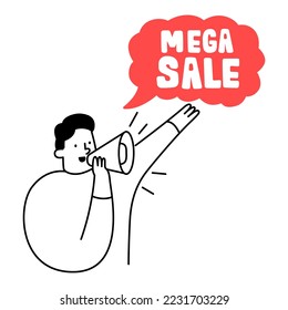 Cute cartoon man using megaphone speak out loud.  making an announcement marketing with the text mega sale. speaking concept. Thin line vector illustration on white 
