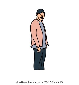 Cute cartoon of a man wearing a black hat. Vector cartoon