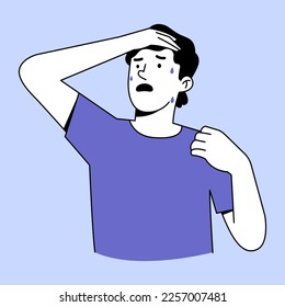 Cute cartoon man wiping sweat on his face. I Feel faint, fear. The man was tired of the hot weather. linear, thin line, doodle. vector illustration