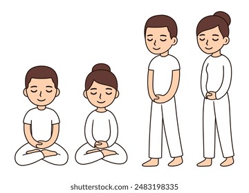 Cute cartoon man and woman doing sitting and walking meditation. Lay Buddhists in white clothes on Uposatha retreat. Simple vector clip art illustration, outline drawing.