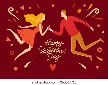 Cute cartoon man and woman flying with hearts and sparks. Happy Valentine's Day title.Love and relationships illustration for your design.