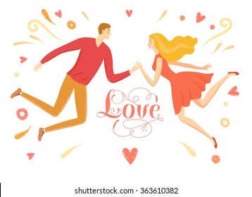 Cute cartoon man and woman flying with hearts and sparks. Calligraphy Love title.Love and relationships illustration for your design.