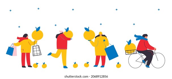 Cute cartoon man and woman holding tangerine. Christmas vector illustration with gifts. Christmas collection in abstract style with traditional Christmas and New Year elements.