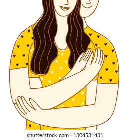 Cute cartoon man and woman hugging each other. Love and romantic illustration for your design.