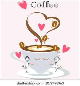 cute cartoon man women in love with hug hot coffee cup and coffee beans have fun in hot coffee cup 