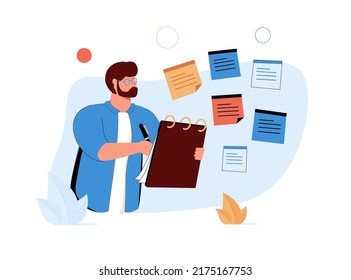 Cute cartoon man writing notes, write on sticky notes develop the business project in the office, brainstorming engaged in creative thinking, make startup plan. Thin line vector illustration on white