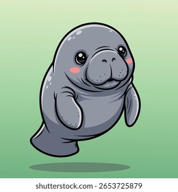Cute Cartoon Manatee with Rosy Cheeks - Adorable Marine Mammal Illustration for Kids' Ocean and Gentle Giant Designs. Vector Illustration