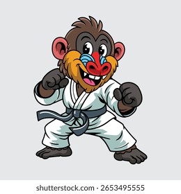 Cute cartoon Mandrill dressed in a martial arts uniform, practicing karate with focus and precision character illustration
