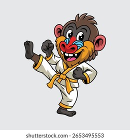 Cute cartoon Mandrill in a karate uniform performs a high kick martial arts character illustration