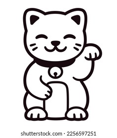 Cute cartoon Maneki Neko, Japanese lucky cat. Black and white logo or icon. Vector line art illustration. svg