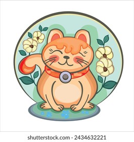 Cute cartoon Maneki Neko, Japanese lucky cat. Black and white logo or icon. Vector line art illustration.