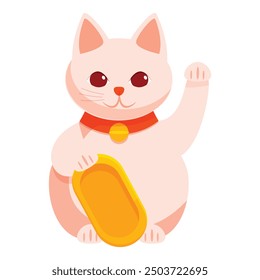 Cute cartoon maneki neko, a japanese lucky cat figurine, holding a golden koban coin and waving its paw