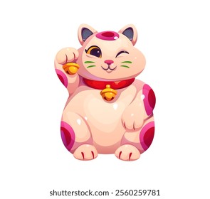 Cute cartoon Maneki Neko, or Japanese lucky cat with winking, holding a small bell in its raised paw. Isolated vector asian cat with pink spots, wearing a red collar with a gold bell, symbol of luck