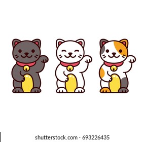 Cute cartoon Maneki Neko, Japanese lucky cats. Black, white and calico Feng Shui kitty vector illustration set.