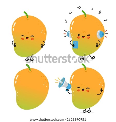 A cute cartoon Mango character with funny expressions listening to music and using a megaphone.