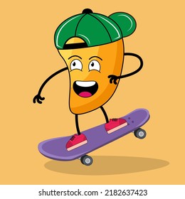 Cute cartoon mango fruit mascot playing a skateboard wear hat, Mango cartoon character of exotic fruit, mango character cartoon mascot vector illustration character design.