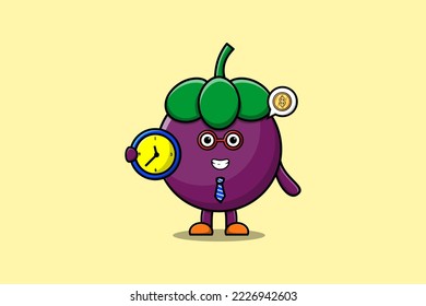 Cute cartoon Mangosteen character holding clock illustration with happy expression