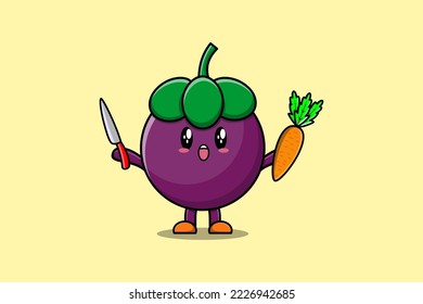 Cute cartoon Mangosteen character holding knife and carrot in modern style design